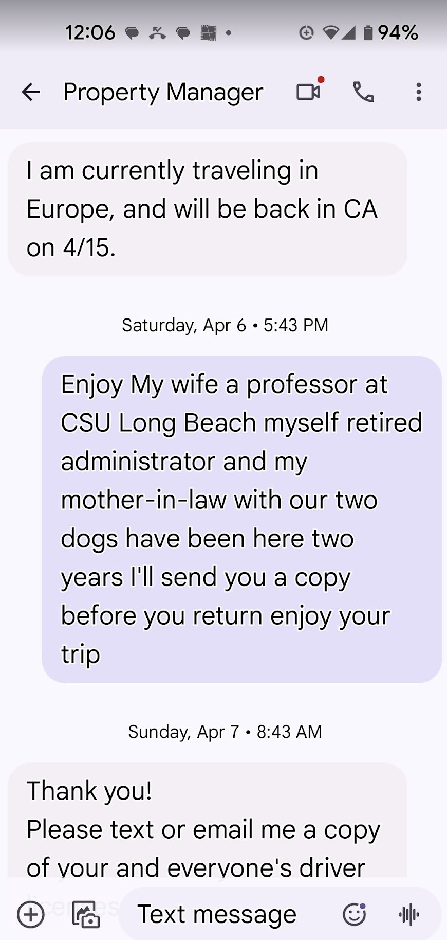 April text thread Hanson Le posing as property manager out of country